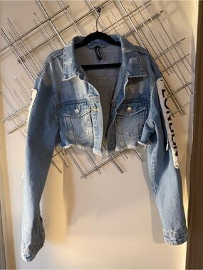 Light Wash Cropped Denim Jacket with Sleeve Lettering